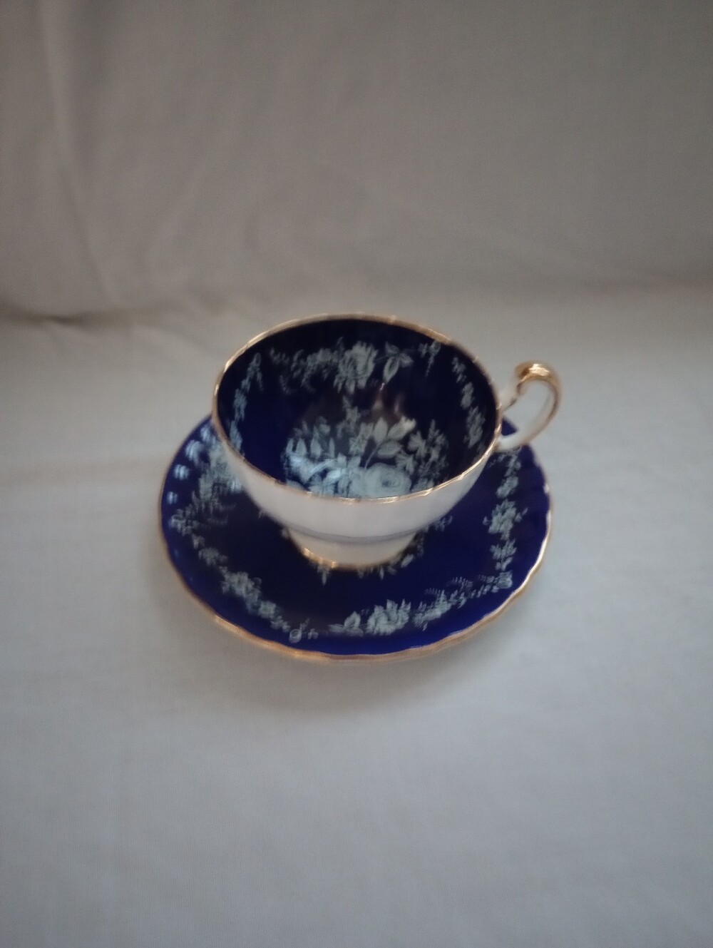 Aynsley English Bone China Cobalt Blue & White Floral Cup & Saucer